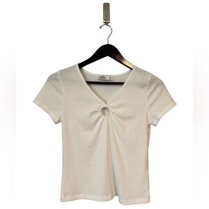 Hollister White Ribbed Circle Cutout Tee